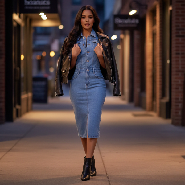 Robe mi-longue en jean bleu moyen, coupe chemise cintrée avec fente frontale et boutonnage intégral. Image