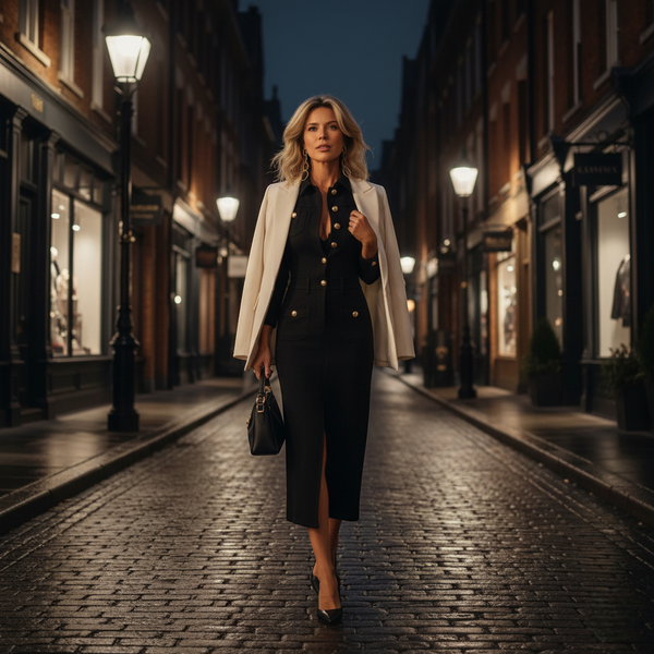 Robe chemise noire mi-longue ceinturée à boutons dorés avec col à revers et fente frontale. Image