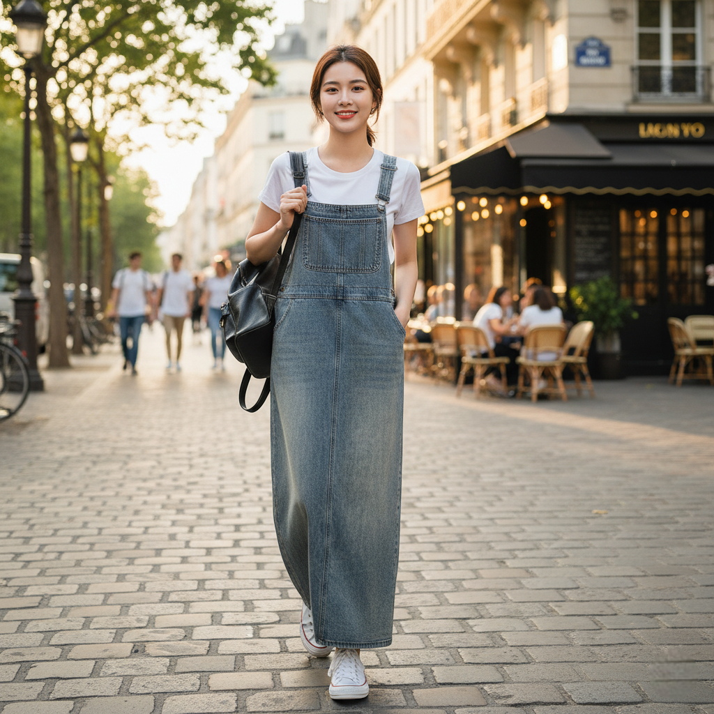 Robe salopette longue en jean bleu moyen, coupe droite avec poche poitrine et bretelles fines ajustables. Image