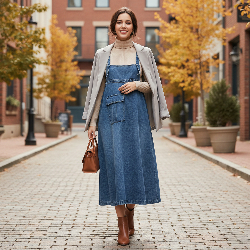 Robe salopette longue en jean bleu moyen, coupe droite et ample, avec bretelles fines et grande poche plaquée devant. Image