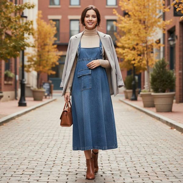 Robe salopette longue en jean bleu moyen, coupe droite et ample, avec bretelles fines et grande poche plaquée devant. Image