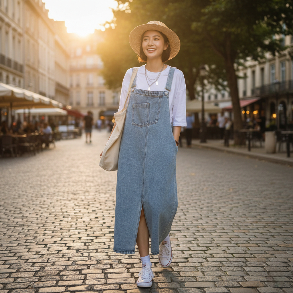 Robe salopette longue en jean bleu clair, coupe droite, fente frontale, poche poitrine et bretelles réglables. Image