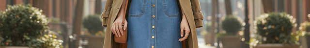 Robe tablier en denim bleu clair, coupe droite midi avec bretelles larges et boutonnage central.