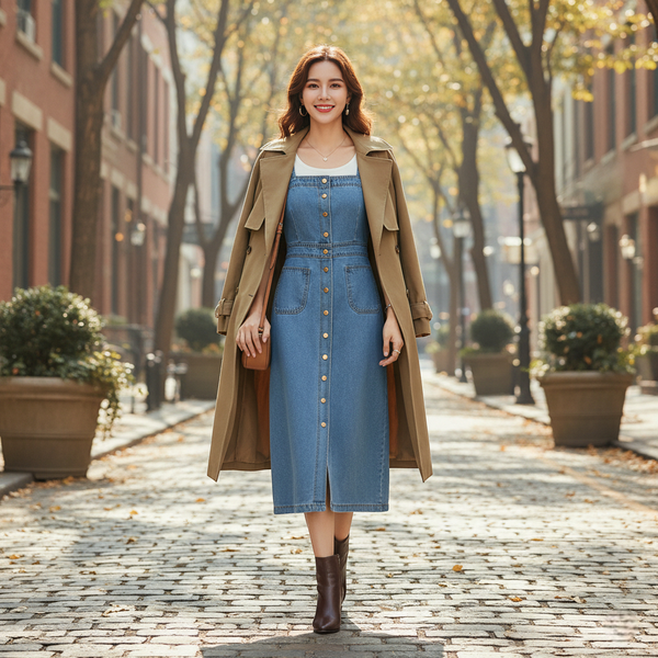 Robe tablier en denim bleu clair, coupe droite midi avec bretelles larges et boutonnage central. Image